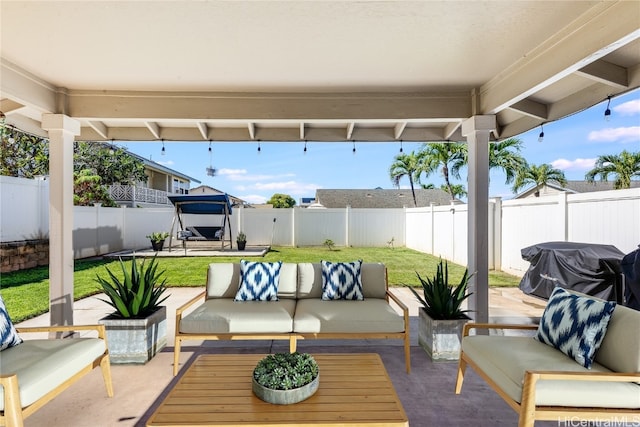 view of patio with a gazebo, outdoor lounge area, and area for grilling