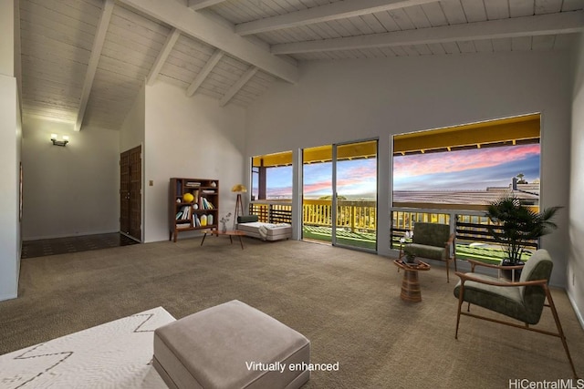 living room featuring high vaulted ceiling, beamed ceiling, and carpet