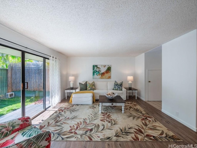 living room featuring hardwood / wood-style floors and a textured ceiling