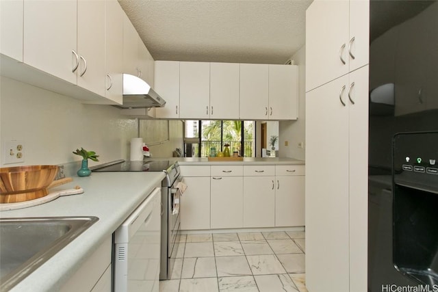 kitchen with white cabinets, sink, a textured ceiling, and stainless steel electric stove