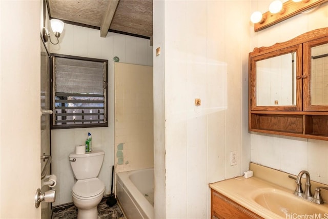 bathroom with vanity, toilet, and beamed ceiling