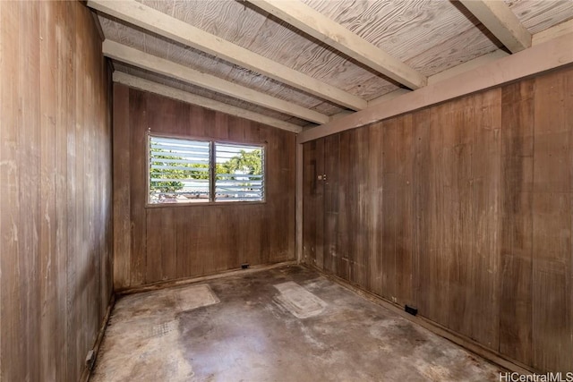 spare room with wooden ceiling, lofted ceiling with beams, and wooden walls