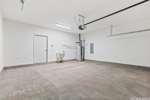 garage featuring electric panel, baseboards, a garage door opener, water heater, and a sink