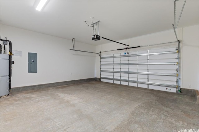 garage featuring a garage door opener, electric panel, baseboards, and water heater