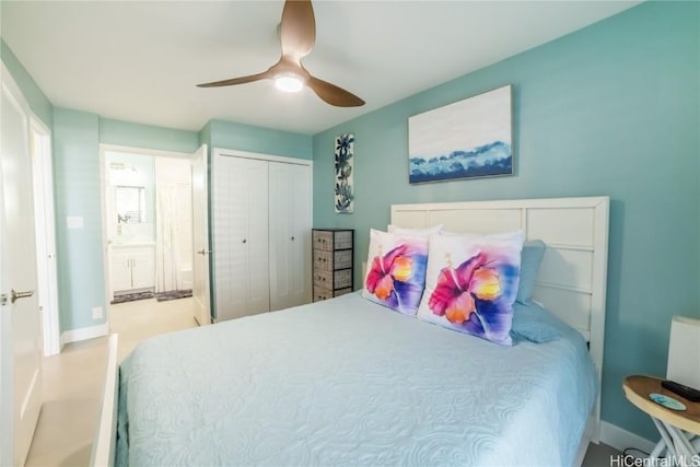 bedroom featuring a closet and ceiling fan