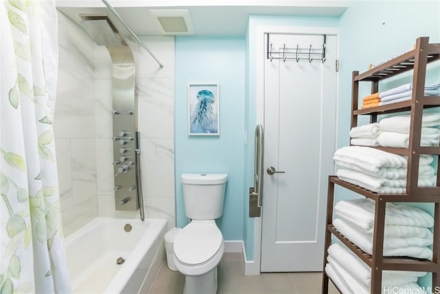 bathroom with shower / tub combo, toilet, and tile patterned flooring