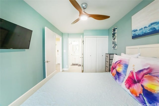 bedroom with ceiling fan and a closet