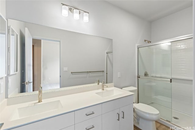 bathroom with vanity, a shower with shower door, and toilet