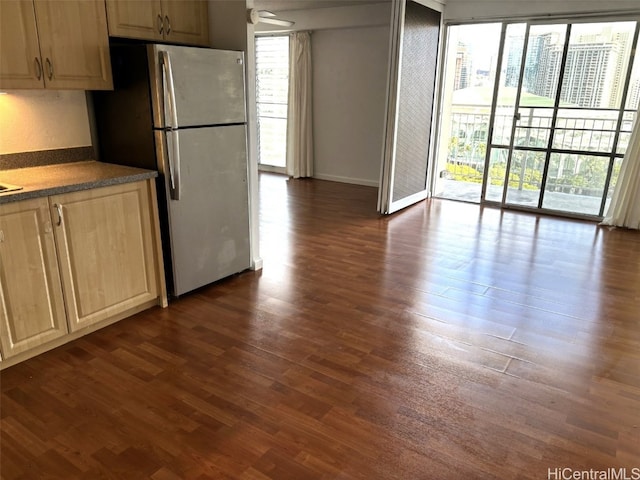 kitchen featuring stainless steel fridge and dark hardwood / wood-style flooring