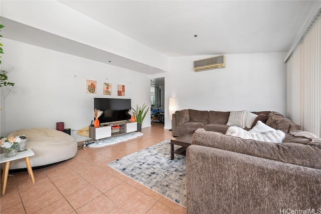 tiled living room with an AC wall unit