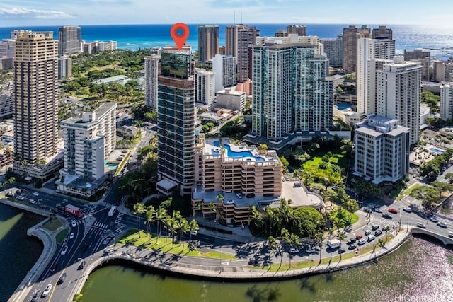 drone / aerial view featuring a water view