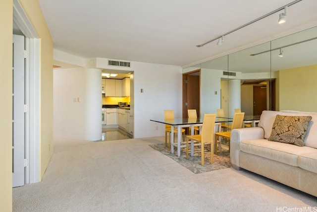 living room featuring light colored carpet and track lighting