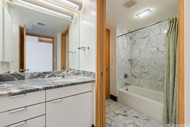 bathroom with vanity and shower / bathtub combination with curtain