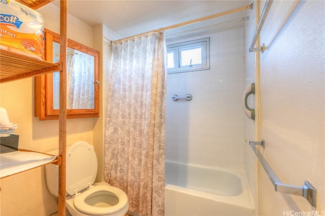 bathroom with toilet and shower / bath combination with curtain