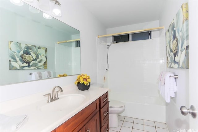 full bathroom with shower / bathtub combination, toilet, tile patterned floors, and vanity