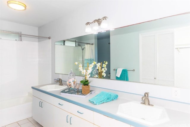 bathroom featuring vanity, shower / bathtub combination with curtain, and tile patterned flooring