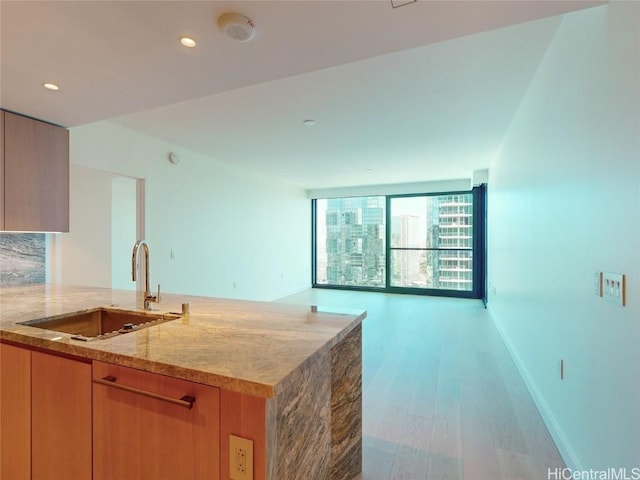 kitchen with sink, expansive windows, light stone counters, and light hardwood / wood-style floors