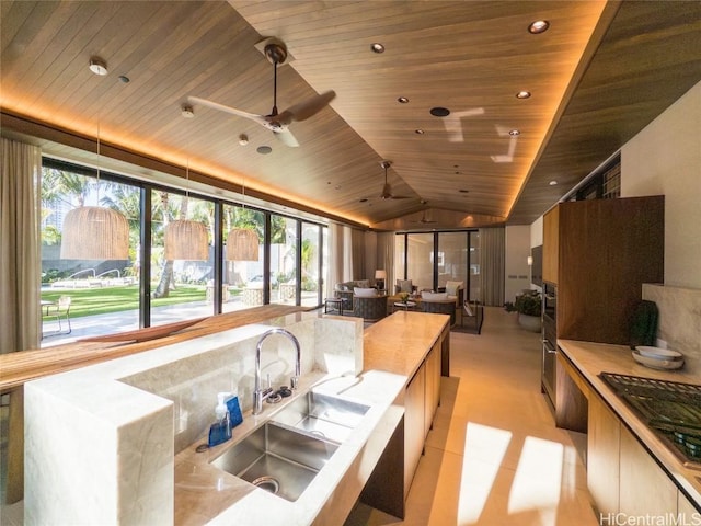 kitchen featuring wooden ceiling, sink, lofted ceiling, and stainless steel appliances