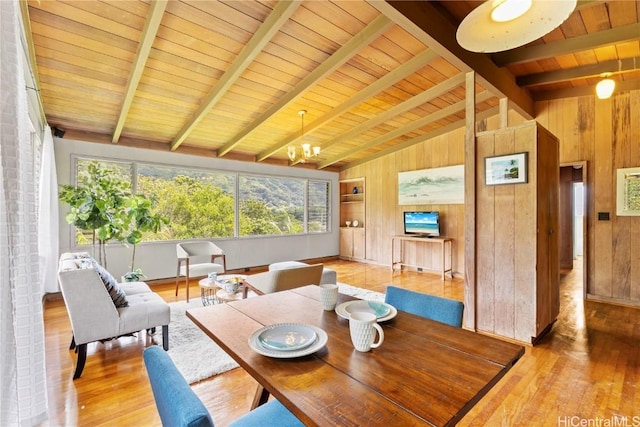 dining room featuring a notable chandelier, wooden walls, lofted ceiling with beams, and wood finished floors