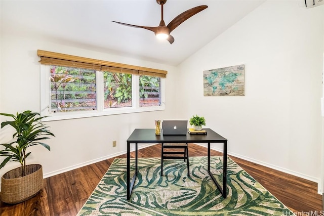 office area with ceiling fan, dark wood-type flooring, and vaulted ceiling