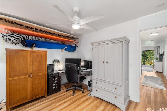 office space with ceiling fan and light hardwood / wood-style flooring