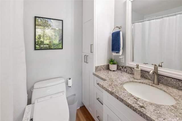 bathroom featuring vanity, toilet, and wood-type flooring