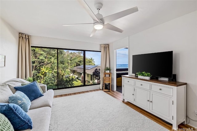 living room featuring light hardwood / wood-style flooring and ceiling fan