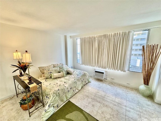 tiled bedroom with an AC wall unit