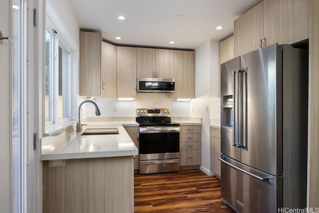 kitchen featuring light brown cabinetry, light stone countertops, appliances with stainless steel finishes, sink, and dark wood-type flooring