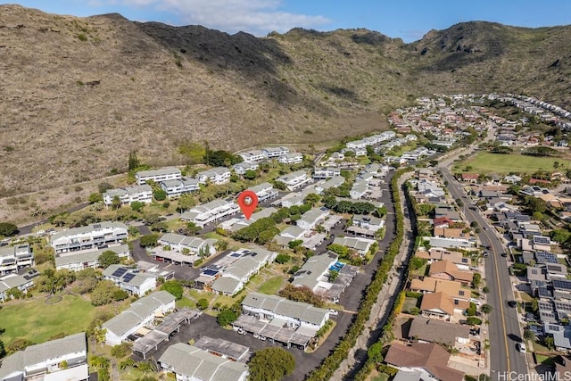 drone / aerial view featuring a mountain view