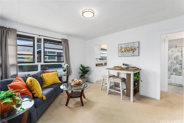 sitting room featuring light carpet