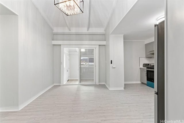 interior space with beamed ceiling, a chandelier, and light wood-type flooring