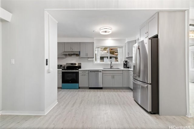 kitchen with gray cabinets, appliances with stainless steel finishes, sink, and light wood-type flooring