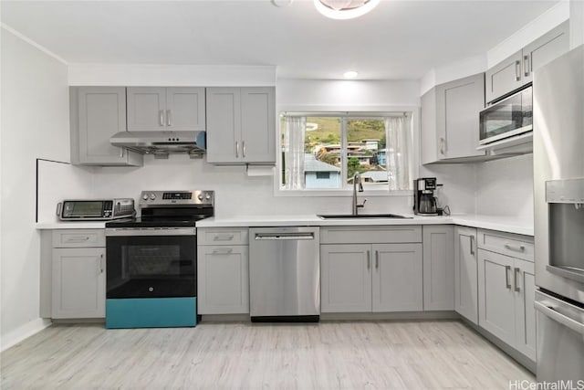 kitchen with sink, gray cabinets, stainless steel appliances, light hardwood / wood-style floors, and decorative backsplash