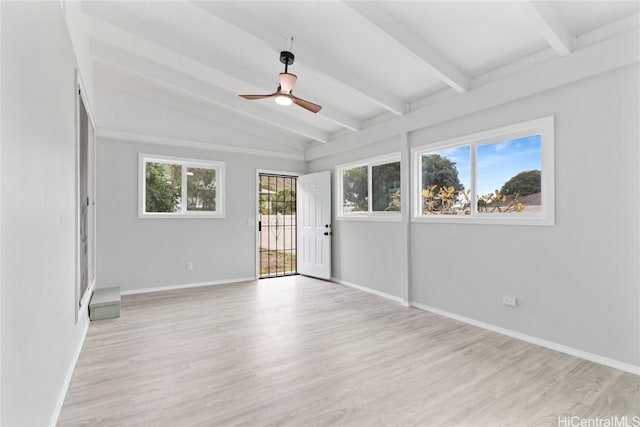 unfurnished room featuring lofted ceiling with beams, ceiling fan, and light hardwood / wood-style floors