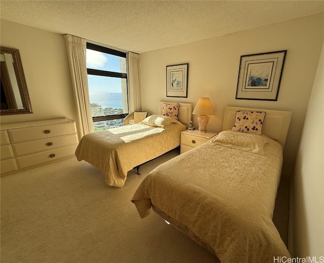 carpeted bedroom featuring a textured ceiling and a wall of windows