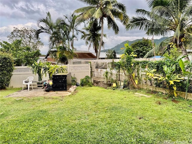 view of yard with a mountain view and a patio area