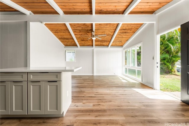 interior space with light hardwood / wood-style floors, wood ceiling, and vaulted ceiling with beams