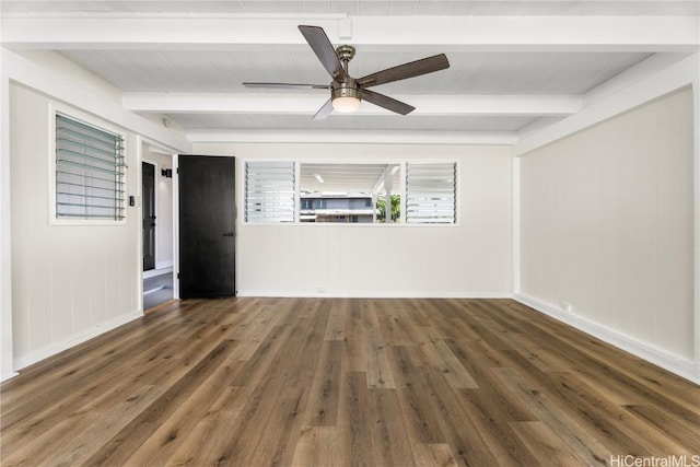 spare room featuring dark hardwood / wood-style floors, beam ceiling, and ceiling fan