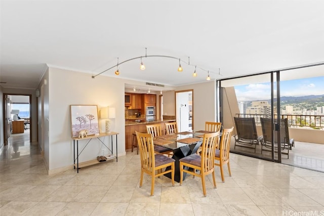 dining area featuring light tile patterned floors, crown molding, and track lighting