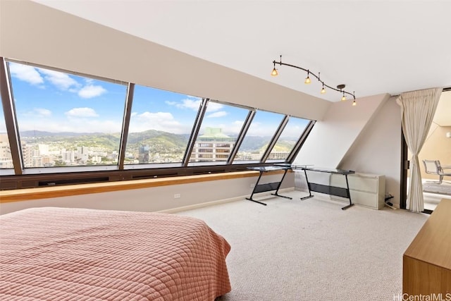 carpeted bedroom with rail lighting and a mountain view