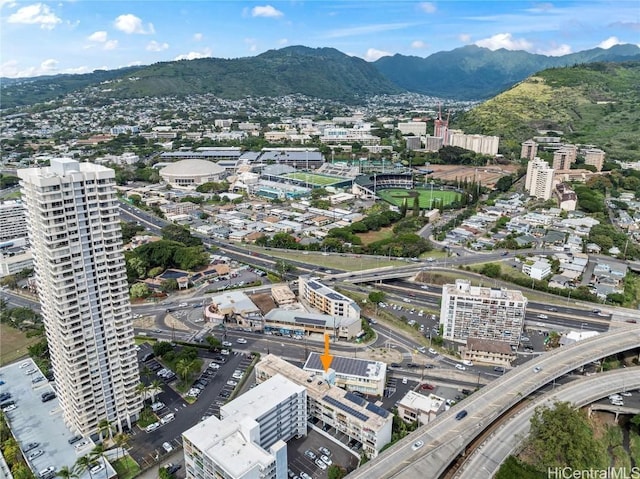 drone / aerial view featuring a mountain view