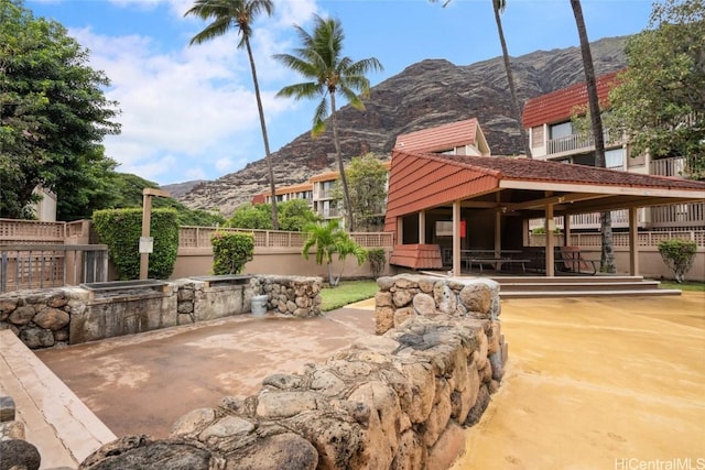 view of patio with a mountain view