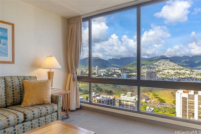 interior space with a mountain view