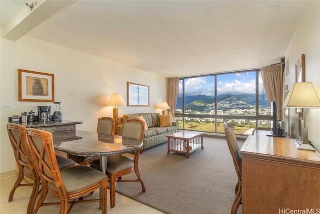 living room featuring a wall of windows and light colored carpet