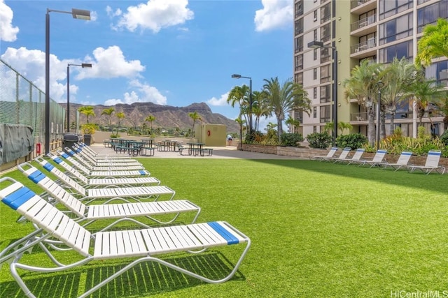 view of property's community featuring a mountain view and a lawn