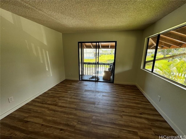 spare room featuring dark hardwood / wood-style flooring and a textured ceiling