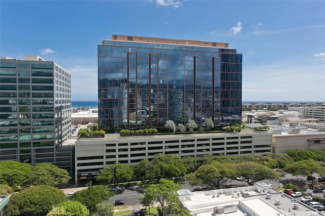 view of building exterior featuring a water view