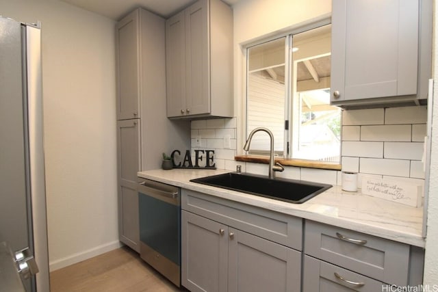 kitchen with sink, gray cabinets, backsplash, and appliances with stainless steel finishes