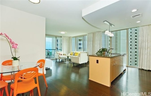 kitchen featuring dark wood-type flooring, sink, a center island with sink, pendant lighting, and a wall of windows